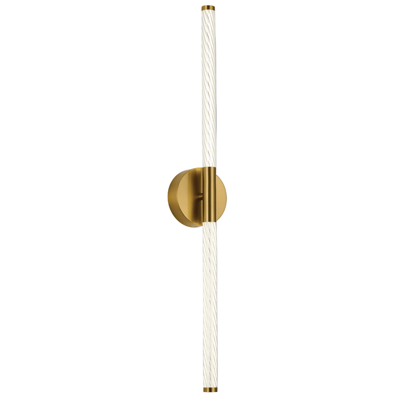 Wall-mounted light fixture with gold base and white cylindrical shade on a gray background
