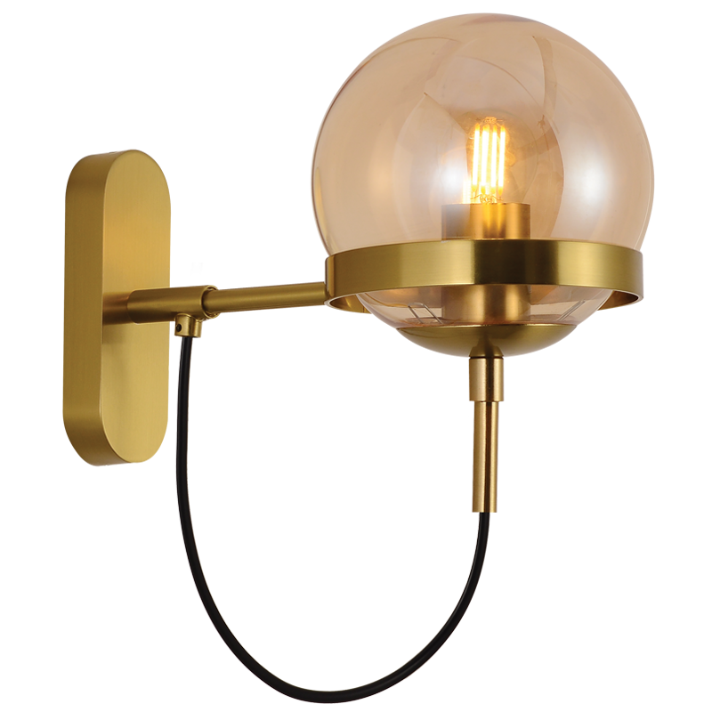 Gold wall sconce with glass shade on a white background