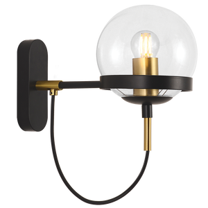 Wall-mounted light fixture with clear glass shade, black and gold accents on a white background