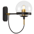 Wall-mounted light fixture with clear glass shade, black and gold accents on a white background