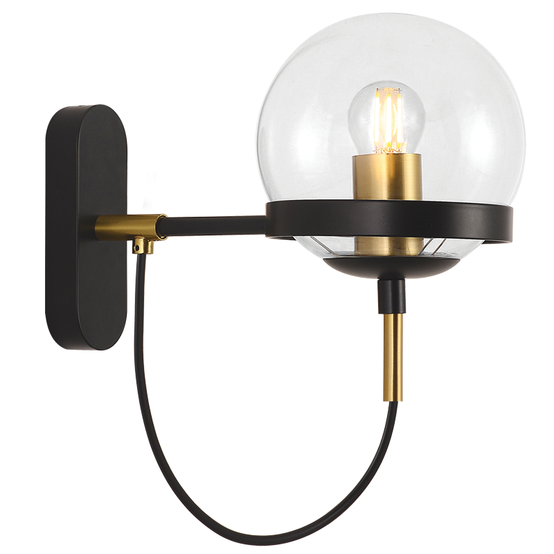 Wall-mounted light fixture with clear glass shade, black and gold accents on a white background