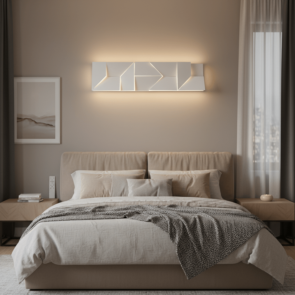 Mosaic rectangle LED wall light mounted above a bed, illuminating a stylish bedroom with neutral tones.