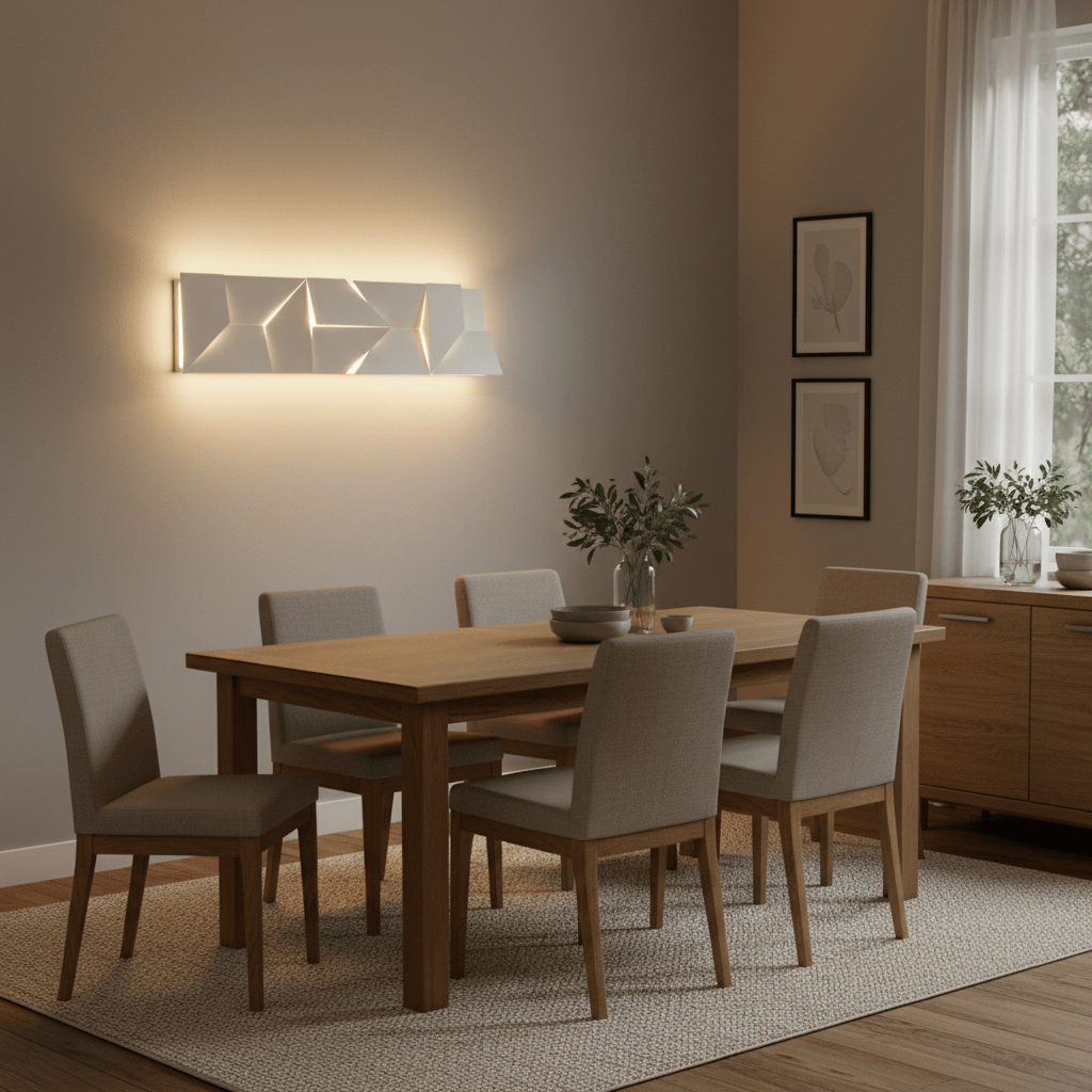 Mosaic rectangle wall light illuminating a modern dining room with wooden table and chairs.