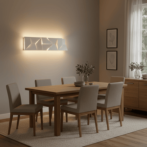 Mosaic rectangle wall light illuminating a modern dining room with wooden table and chairs.