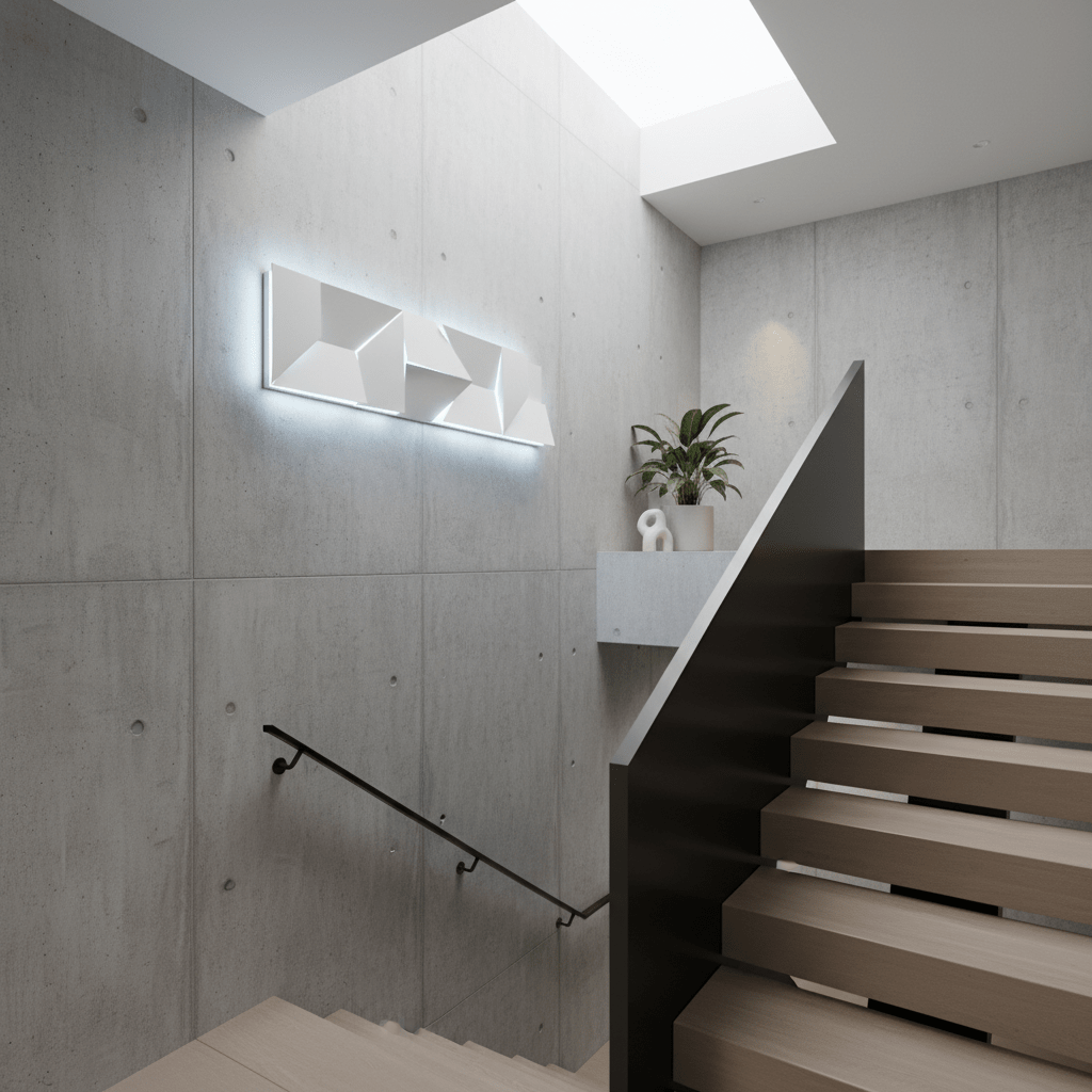 Mosaic rectangle LED wall light mounted on a concrete wall, illuminating a modern staircase.