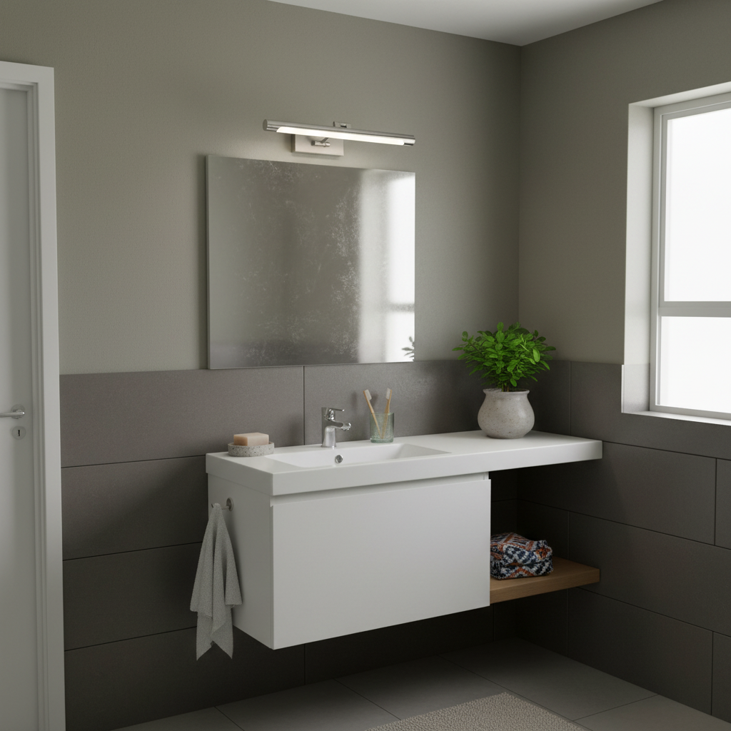 Linear LED mirror light suitable for mounting centrally above a wide bathroom mirror