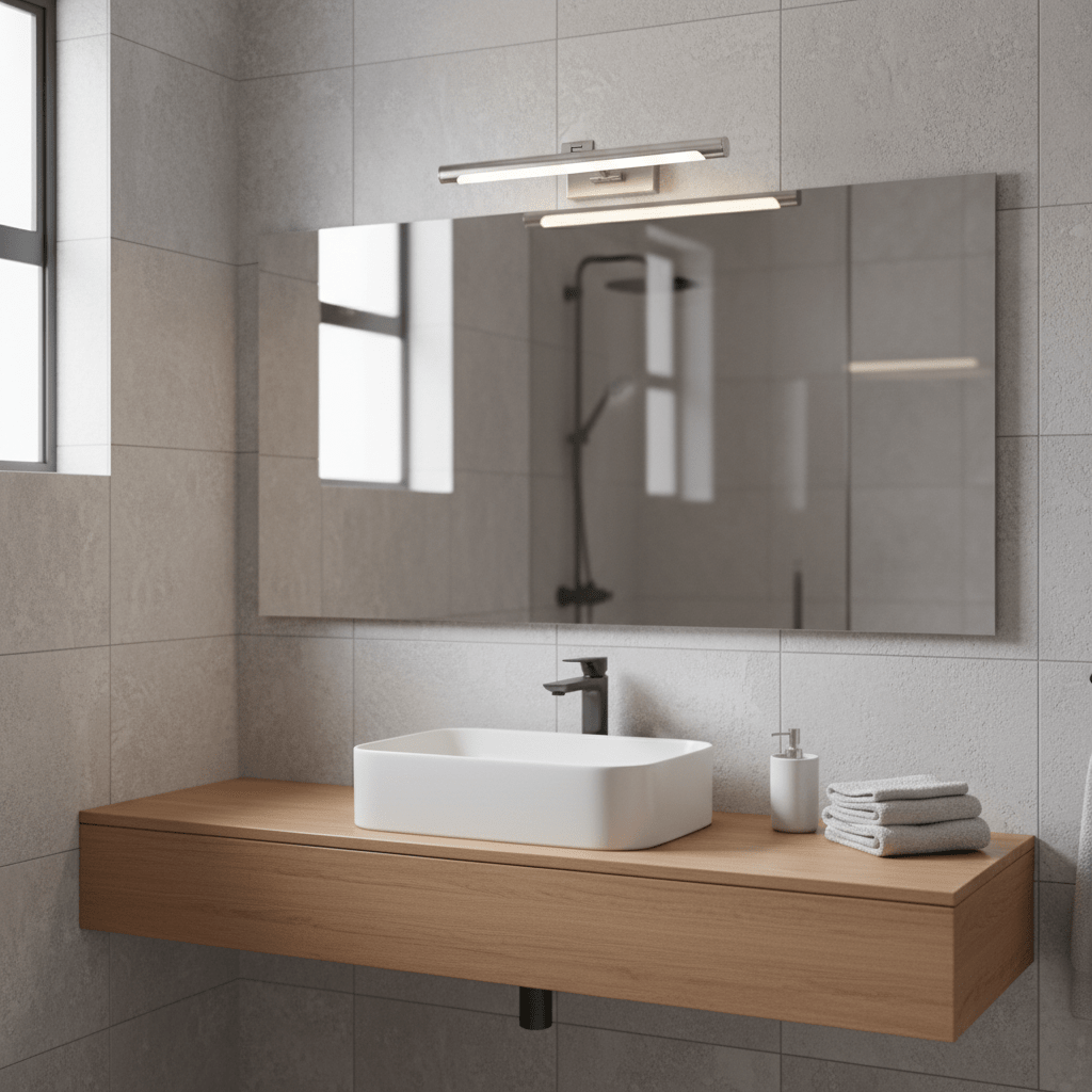 Stainless steel LED wall light mounted above a bathroom sink, illuminating a modern mirror and wooden countertop.