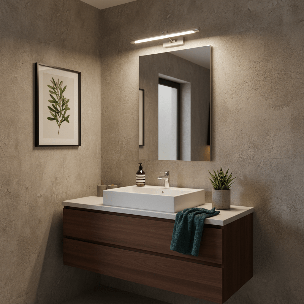 Stainless steel LED bathroom mirror light mounted above a modern sink with a plant and decorative items.