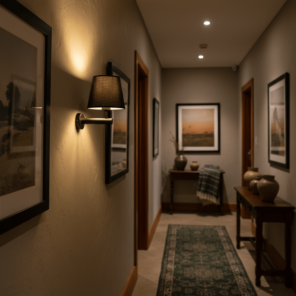 Antique brass wall light illuminating a stylish hallway with framed artwork and decorative elements.