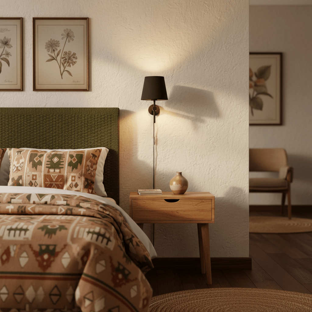 Antique brass wall light beside a bed, illuminating a cozy bedroom with patterned bedding and wooden furniture.