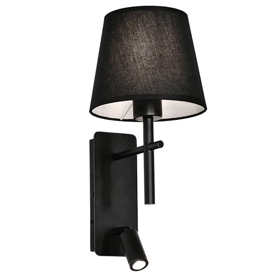 Dakota Wall Light in black with a fabric shade and integrated reading light, mounted on a wall.