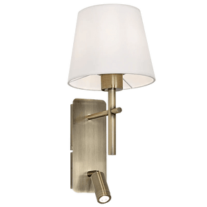 Dakota Wall Light in antique brass finish with a fabric shade and integrated reading light.