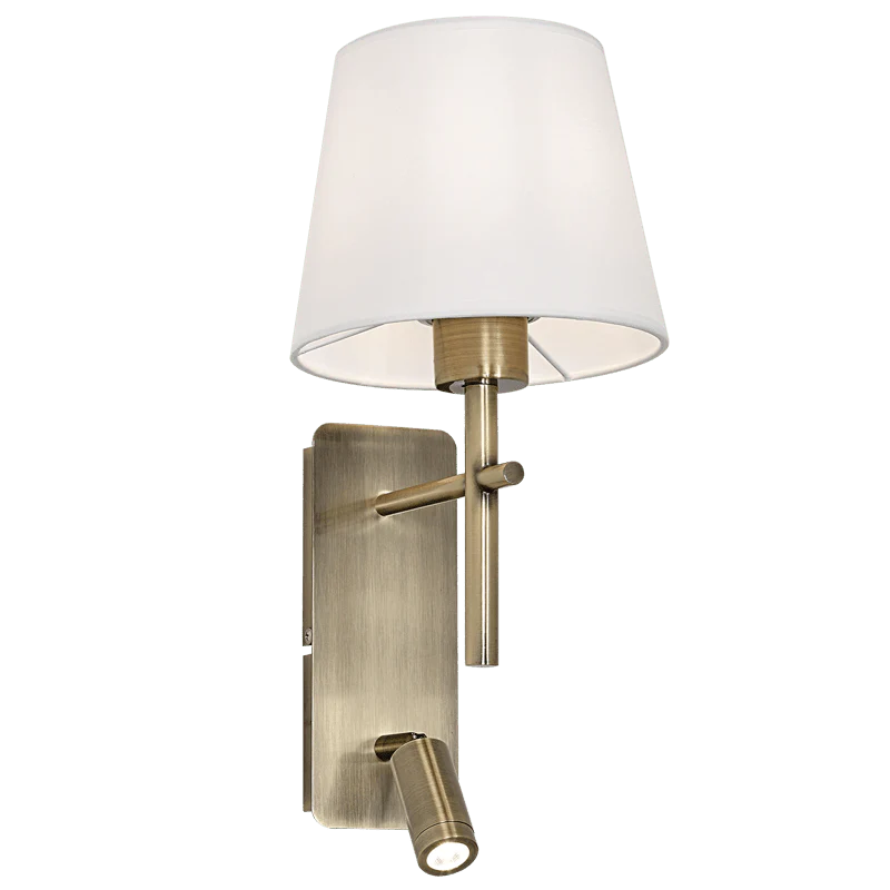 Dakota Wall Light in antique brass finish with a fabric shade and integrated reading light.