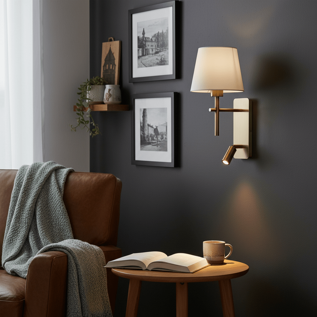 Antique brass wall light with fabric shade and reading lamp, beside a cozy armchair and coffee table.