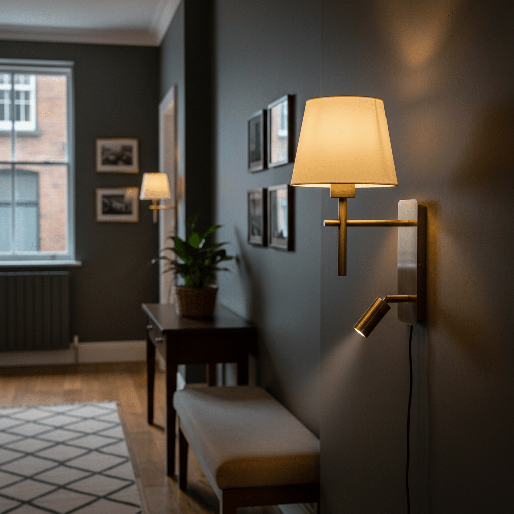 Antique brass wall light with fabric shade and reading lamp, mounted in a stylish indoor setting.