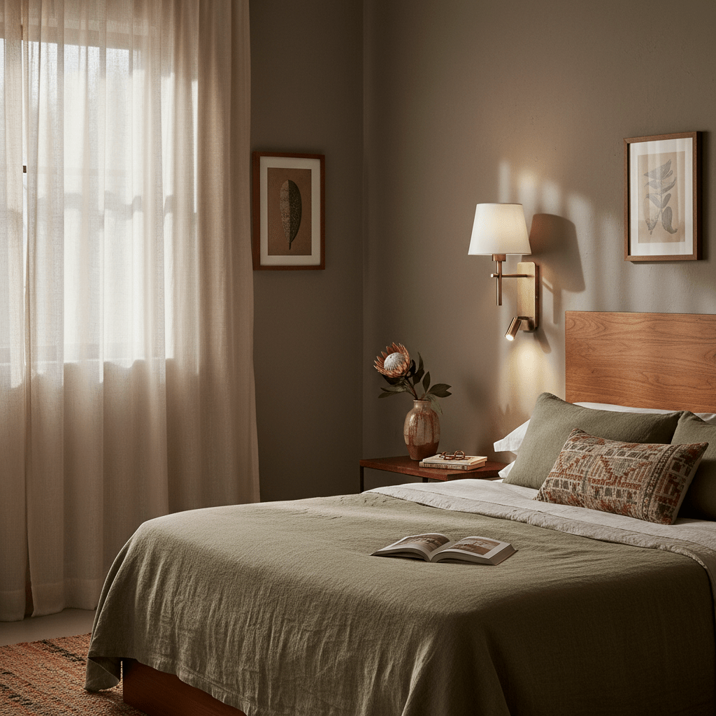 Antique brass wall light mounted beside a bed, illuminating a cozy bedroom with soft fabrics and decor.