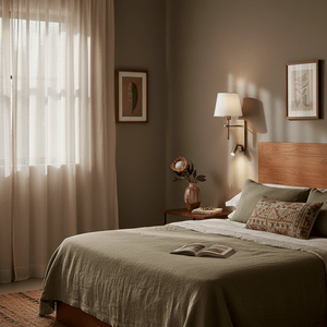 Antique brass wall light mounted beside a bed, illuminating a cozy bedroom with soft fabrics and decor.