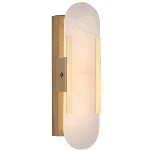 Wall sconce with gold finish and white glass on a white background