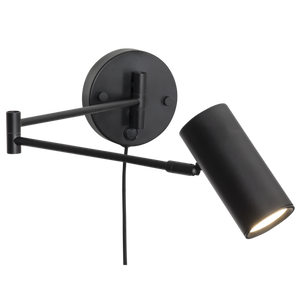 Black plug in wall-mounted lamp with adjustable arm on a white background