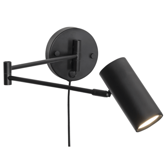Black plug in wall-mounted lamp with adjustable arm on a white background