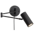 Black plug in wall-mounted lamp with adjustable arm on a white background