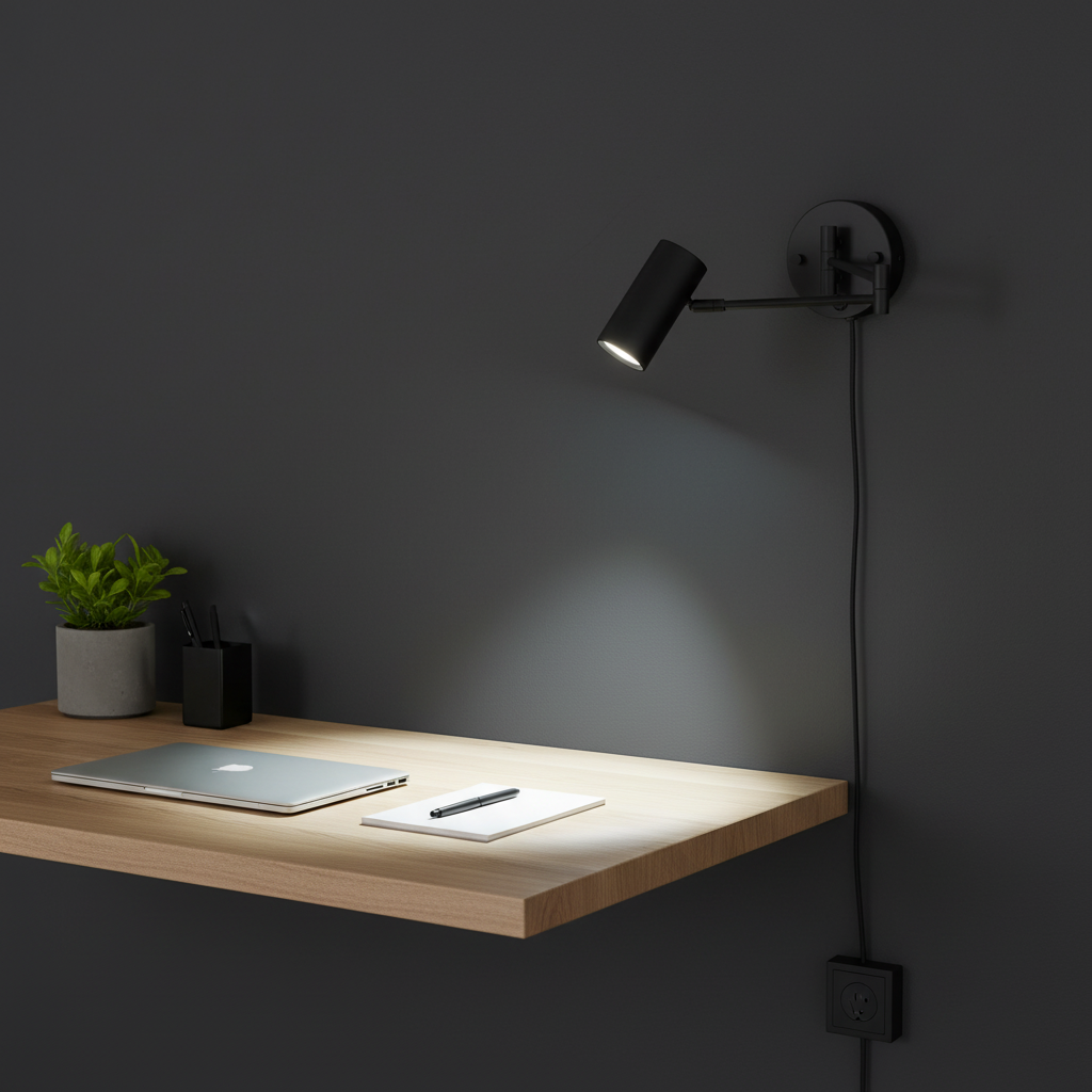 Wall-mounted lamp illuminating a wooden desk with a laptop, notebook, and pen on a dark wall background.