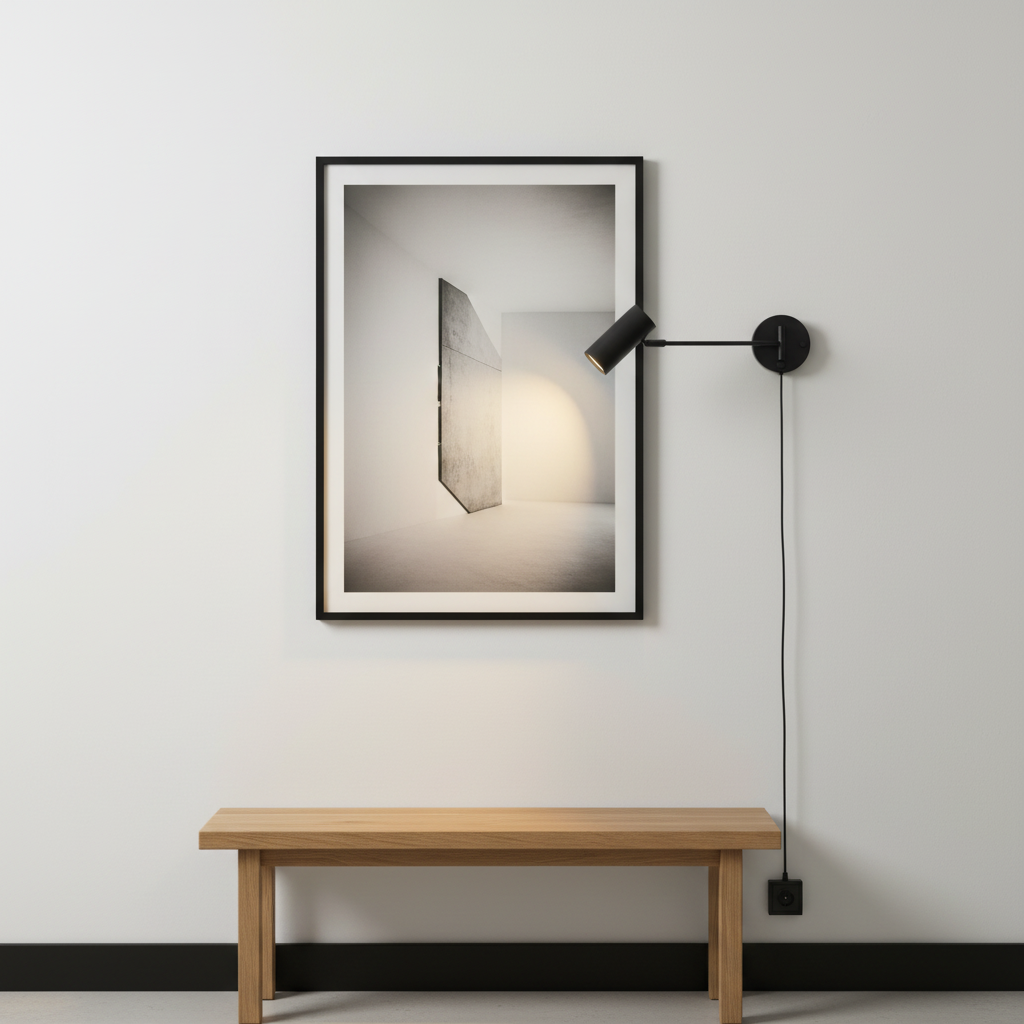 Modern wall lamp with a framed artwork on a white wall, featuring a wooden bench below.