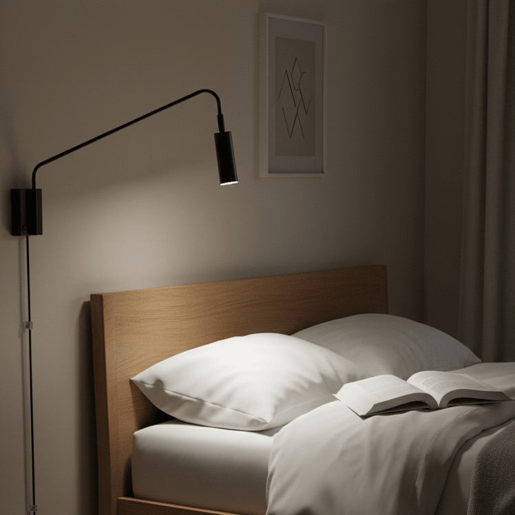 Corded LED reading light mounted above a wooden headboard, illuminating an open book on a bed.