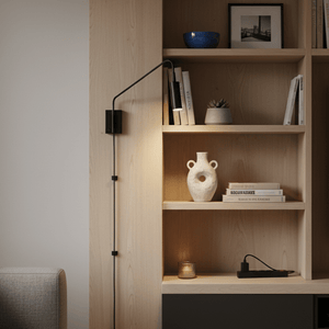 Corded LED reading light mounted on a wooden shelf, illuminating decorative items and books.