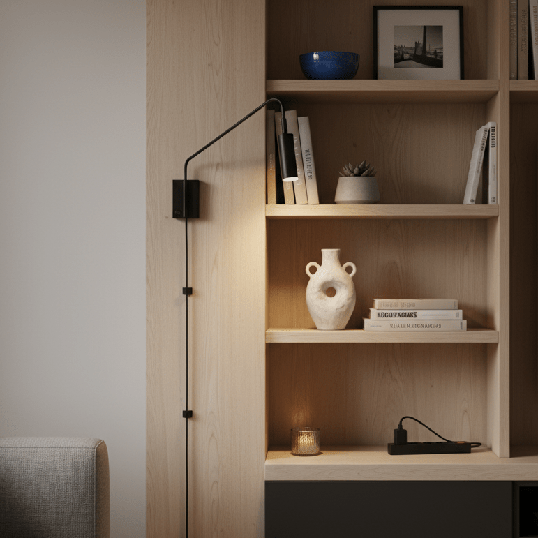 Corded LED reading light mounted on a wooden shelf, illuminating decorative items and books.