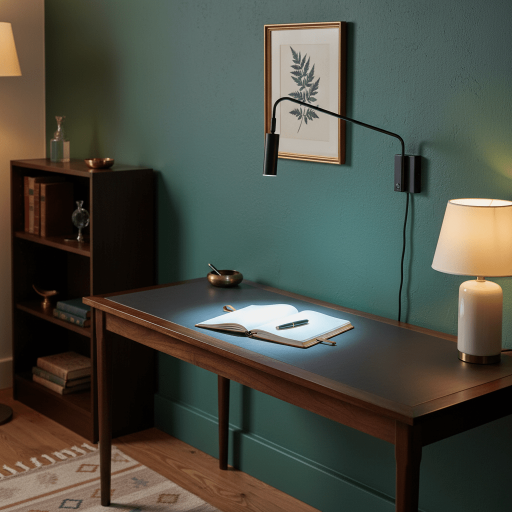 Corded LED reading light mounted above a desk, illuminating an open notebook with a pen, against a green wall.