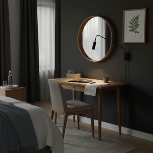 Corded LED reading light mounted above a wooden desk, illuminating an open book and workspace.
