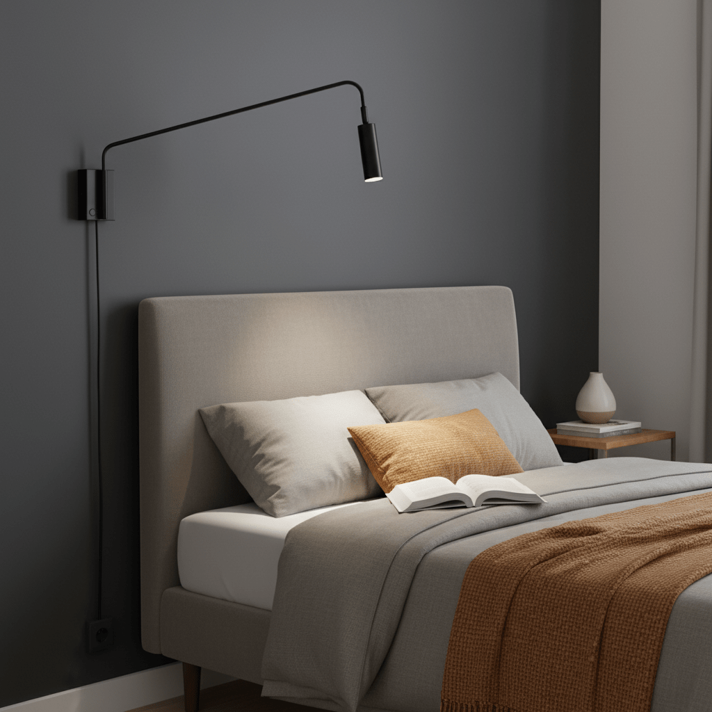 Corded LED reading light mounted above a bed, illuminating an open book on the nightstand.
