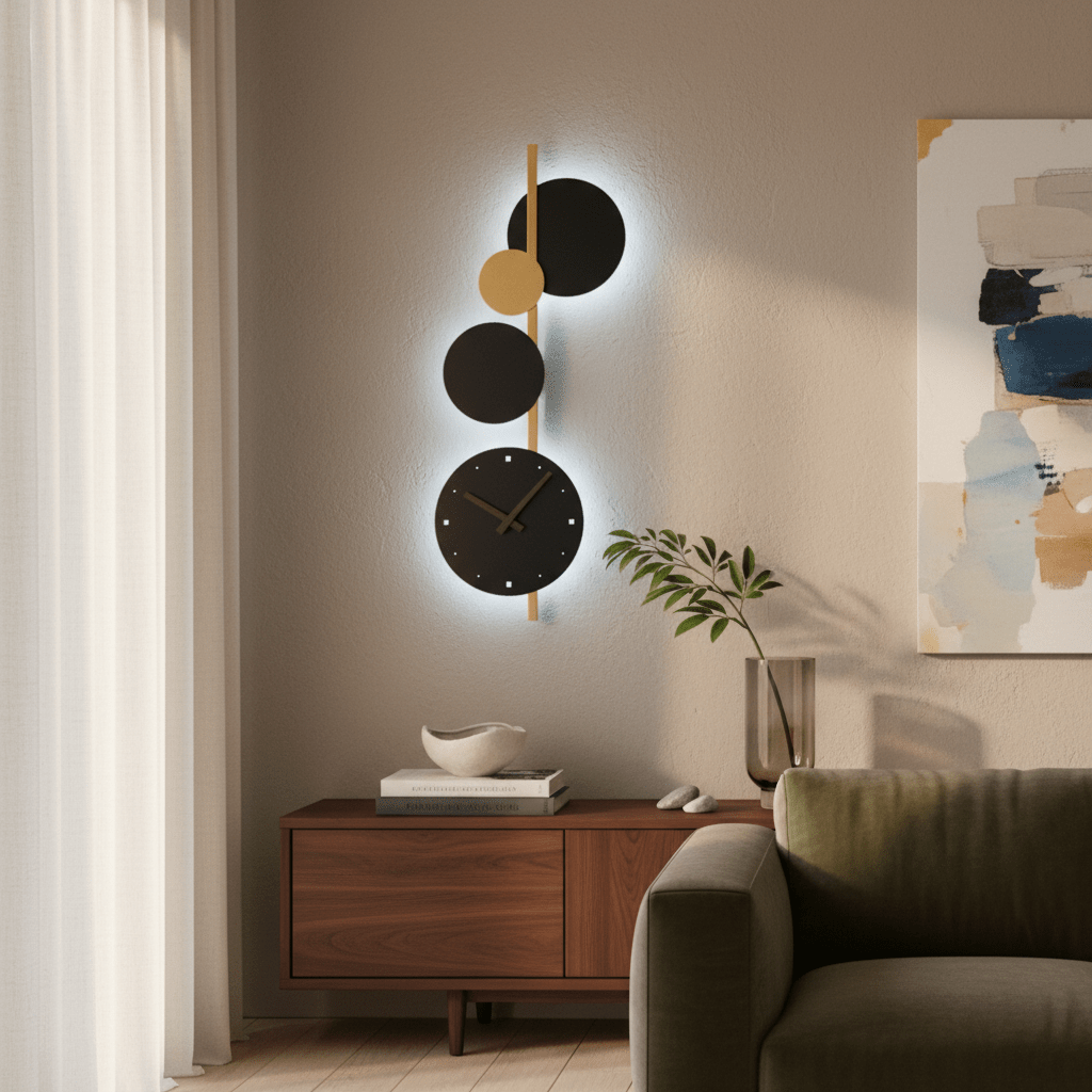 Black and gold wall light with integrated clock mounted above a wooden console table in a stylish living room.