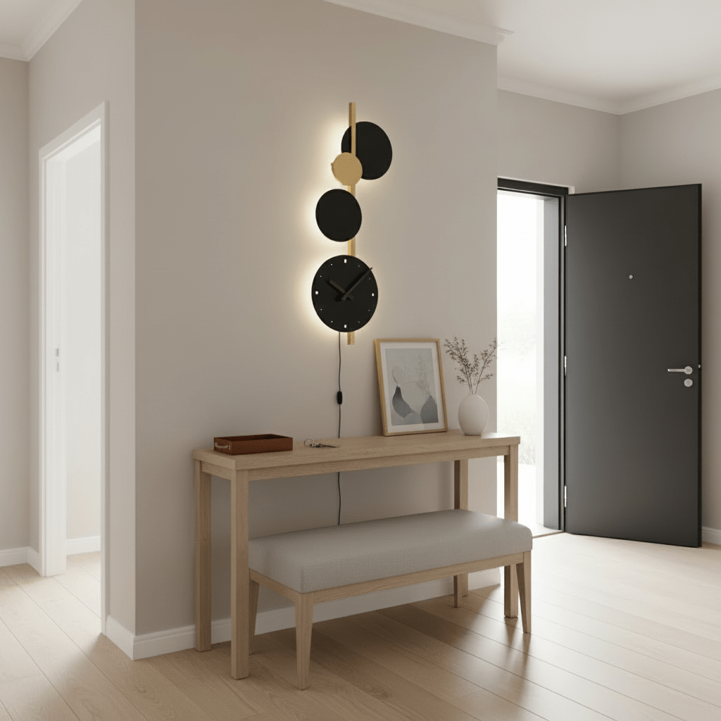 Black and gold wall light with clock mounted above a wooden console table in a modern entryway.