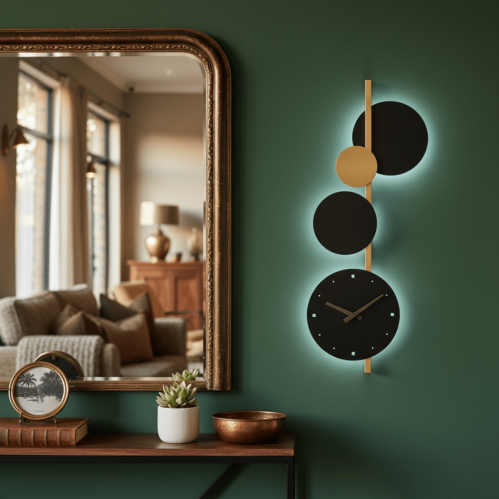 Black and gold wall light with clock mounted on green wall, alongside a mirror and decorative items.