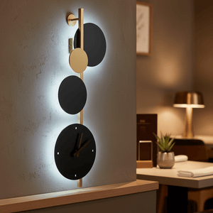 Black and gold wall light with integrated clock, mounted on a textured wall, softly illuminating the space.