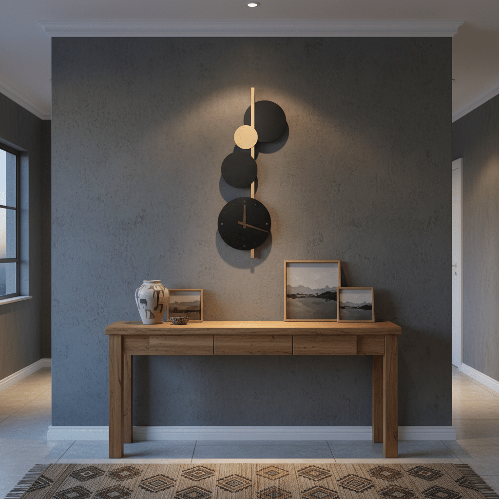 Stylish black and gold wall light with clock mounted above a wooden console table in a modern hallway.