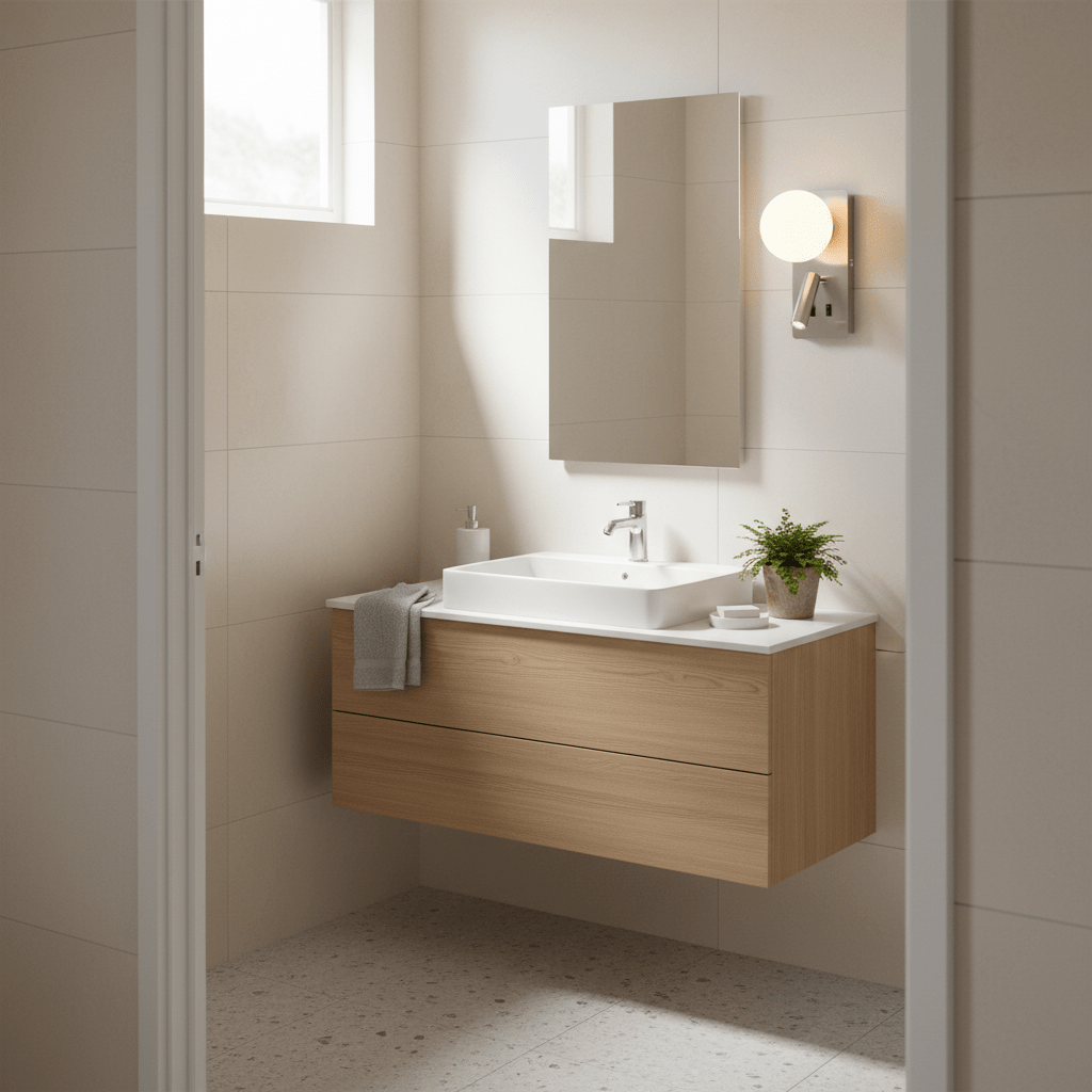 Satin chrome wall light with round opal globe mounted beside a bathroom mirror above a white vessel sink