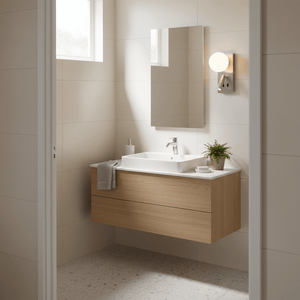 Satin chrome wall light with round opal globe mounted beside a bathroom mirror above a white vessel sink