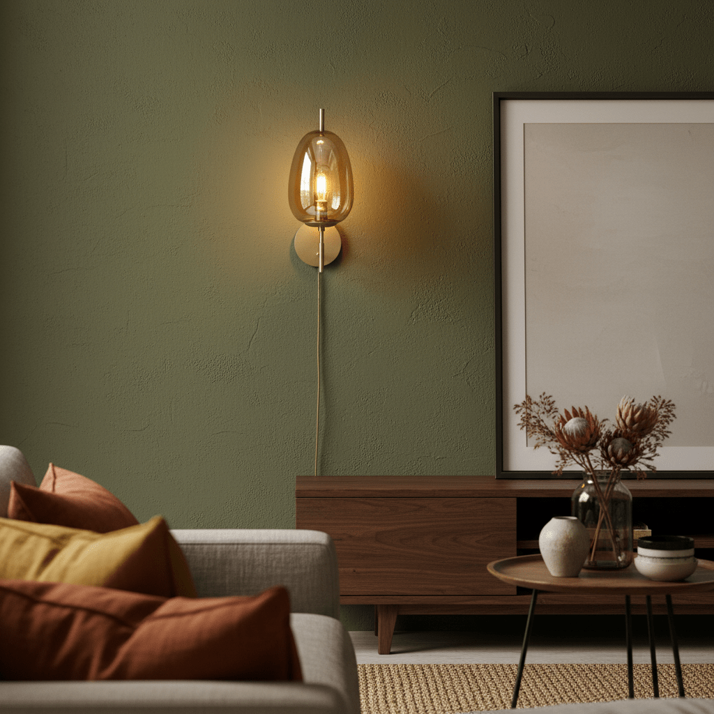 Dazzle Gold & Amber indoor wall light mounted on a green wall, illuminating a cozy living space with decorative pillows and