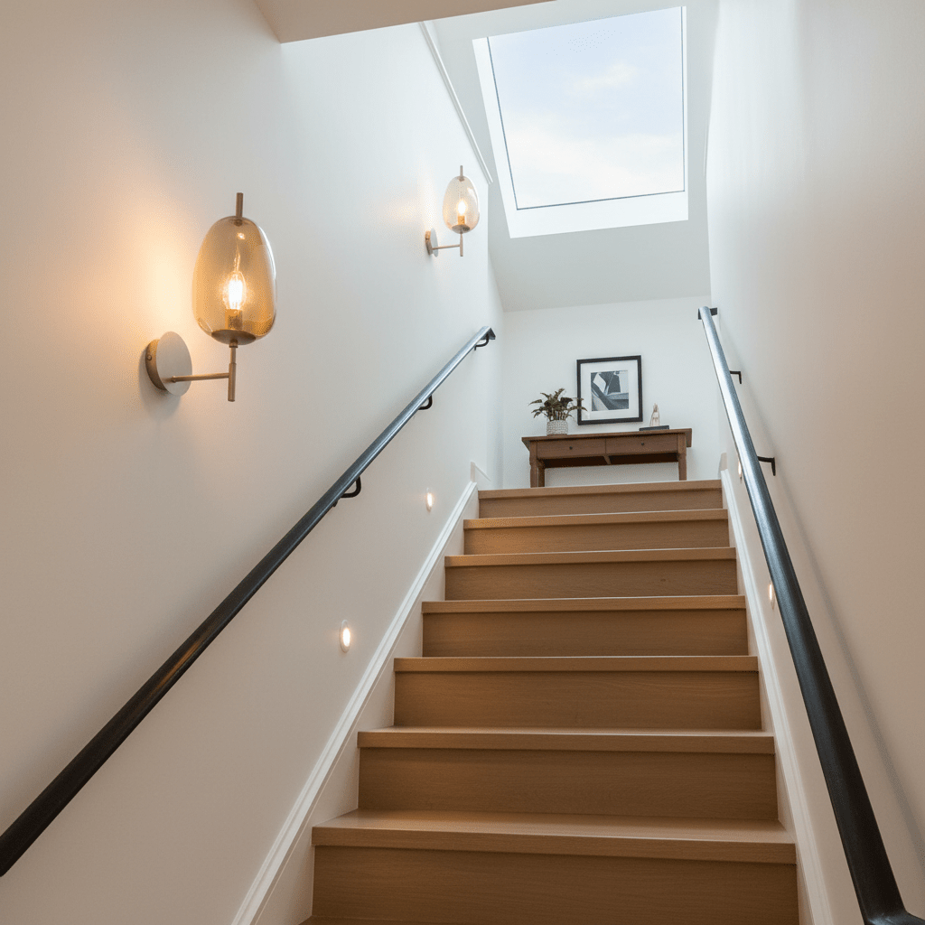 Stylish Dazzle Gold & Amber wall lights illuminating a staircase, enhancing the warm ambiance.
