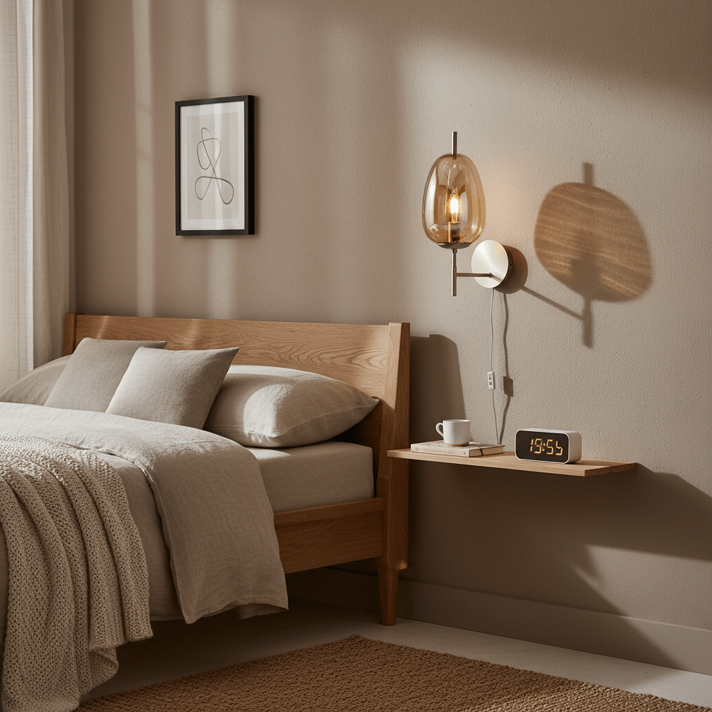 Stylish bedroom scene featuring the Dazzle Gold & Amber wall light beside a wooden bed and shelf.