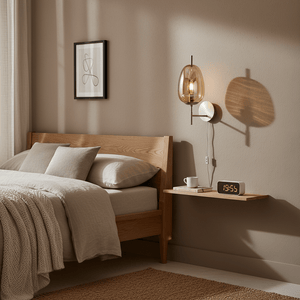 Stylish bedroom scene featuring the Dazzle Gold & Amber wall light beside a wooden bed and shelf.