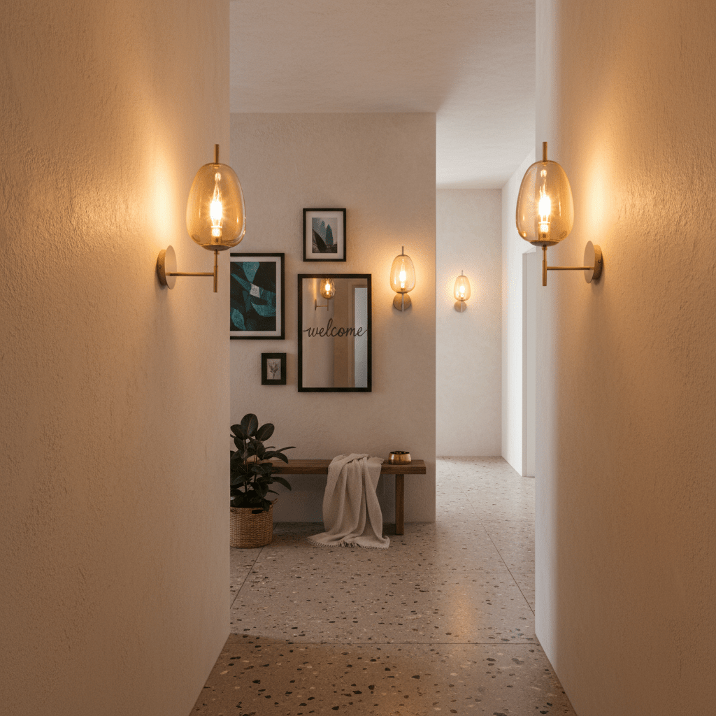 Dazzle Gold & Amber indoor wall light illuminating a hallway with framed art and a welcoming atmosphere.