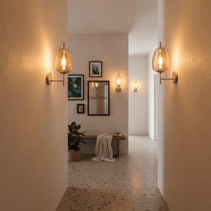Dazzle Gold & Amber indoor wall light illuminating a hallway with framed art and a welcoming atmosphere.