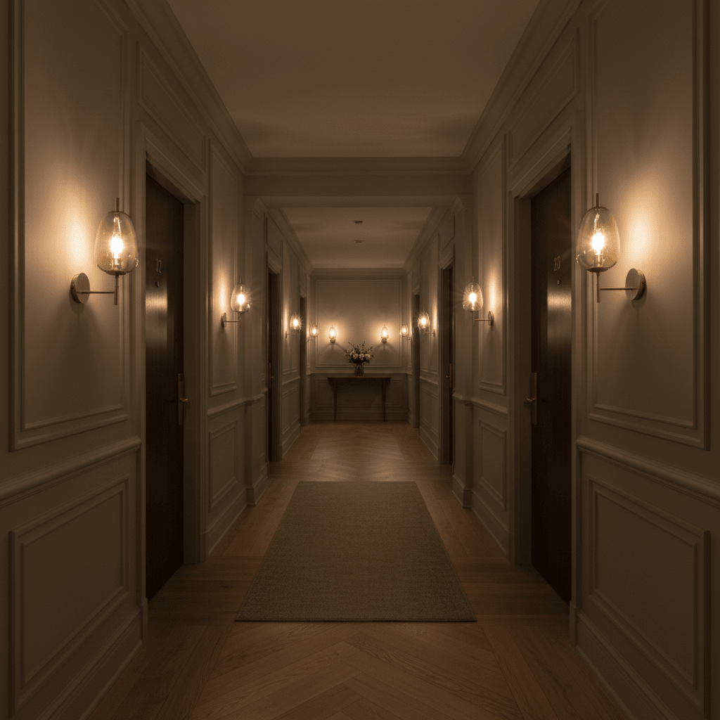 Elegant hallway featuring multiple Dazzle Gold & Amber wall lights illuminating the space softly.