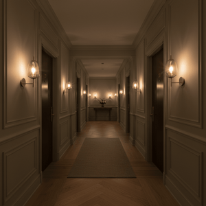 Elegant hallway featuring multiple Dazzle Gold & Amber wall lights illuminating the space softly.