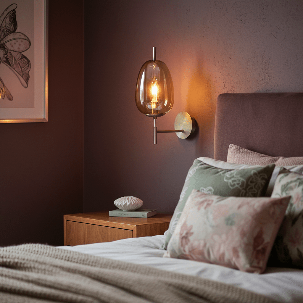 Dazzle Gold & Amber Indoor Wall Light mounted beside a bed, illuminating a cozy bedroom with decorative pillows and a