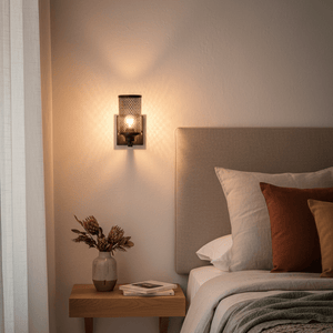 Stylish up-facing wall light with metal mesh shade illuminating a cozy bedside setting.